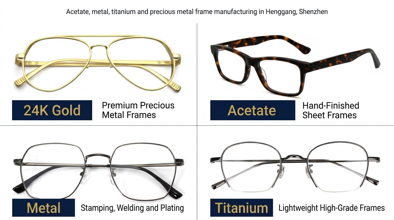 Acetate, metal, titanium and 24K gold optical frame capabilities from Henggang Shenzhen eyewear cluster Acetate, metal, titanium and 24K gold optical frame capabilities from Henggang Shenzhen eyewear cluster
